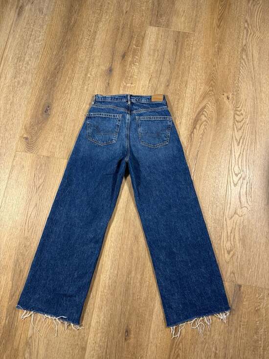 American Eagle Super High Rise Baggy Wide Leg Jeans Blue 00R Raw Hem Y2K - Picture 3 of 8